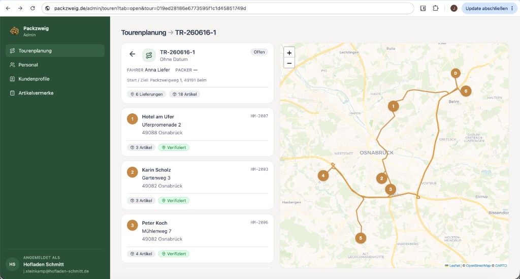 Packzweig Admin: Tourenplanung mit Karte und Lieferstopps