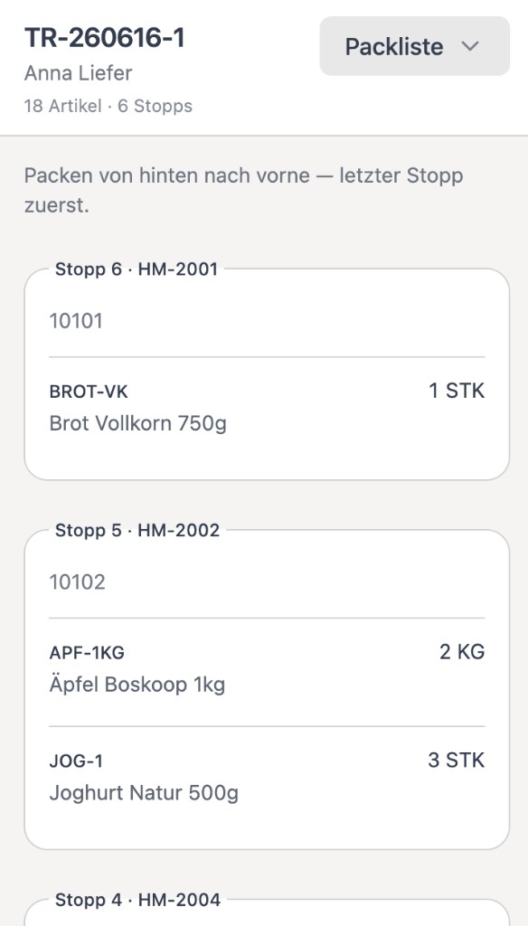 Mobile Packliste: Artikel nach Stopp sortiert