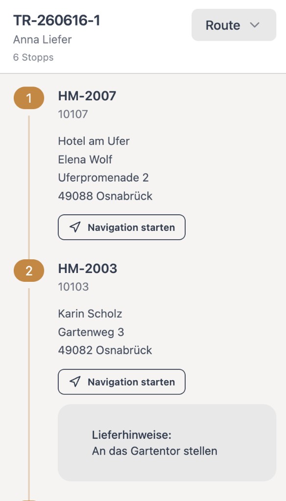 Mobile Touransicht: Route mit Stopps und Navigation